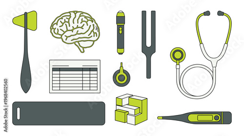 A precise set of neurological examination instruments is neatly arranged on a clean white surface, highlighted by a striking lime green and dark grey color scheme.