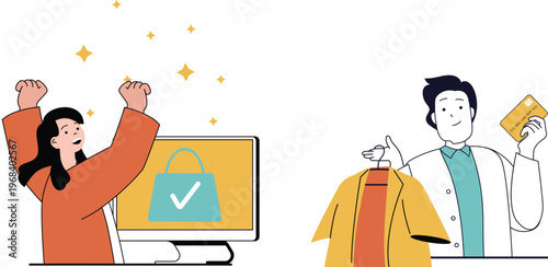 Happy shoppers celebrate successful online and in-store purchases with joyful expressions and payment methods