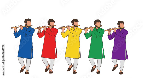 Five men in colorful traditional Indian kurtas playing flutes in a row, vector illustration of musicians in blue, red, yellow, green, and purple outfits, cultural festive scene