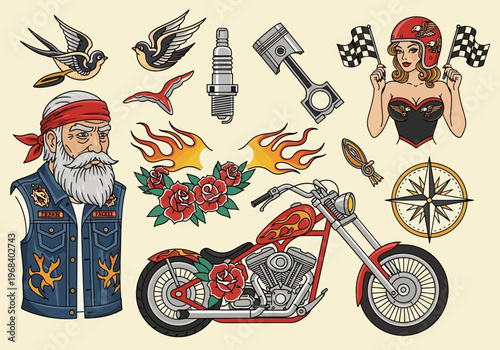 Vintage Biker Tattoo Flash Art Vector Set - Traditional Old School Motorcycle Culture Illustrations including Chopper, Pin-up Girl, Bearded Biker, and Classic Symbols