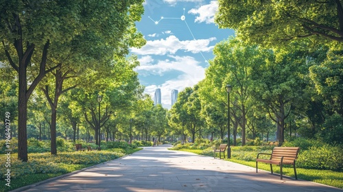 Smart city park with connected benches, Wi-Fi trees via 5G