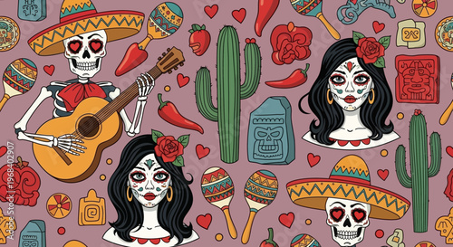 Dia de los Muertos Illustration with Skeleton Musician, Catrina Faces, and Mexican Cultural Elements