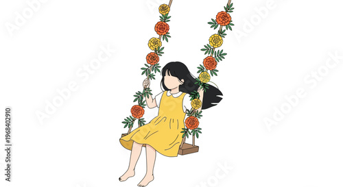 A young girl with long black hair wearing a yellow sundress sitting on a floral swing surrounded by orange and yellow flowers in a minimalist kawaii art style