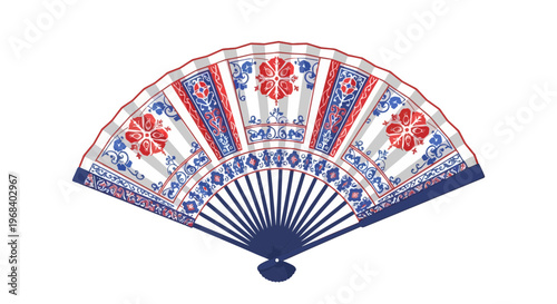 Vibrant traditional Japanese hand fan with intricate floral patterns and designs in red blue and white colors on a white background