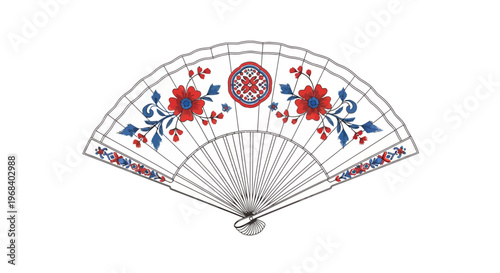 Traditional Japanese-style folding hand fan with white background, red flowers, blue leaves, and silver metal frame, decorative accessory, cultural symbol, artistic prop