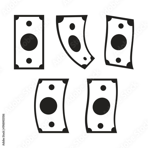 Paper money bills in various orientations 2D line objects set. Cash currency. Financial profit. Dollar banknotes isolated cliparts vector ink outline items. Monochrome spot illustrations collection