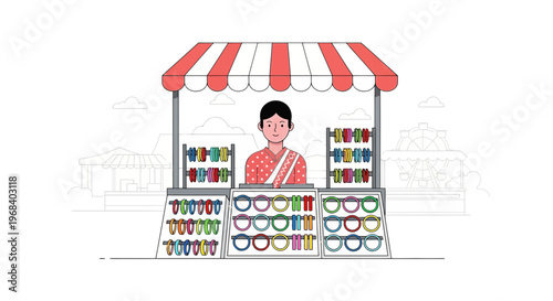 Asian woman selling colorful sunglasses at outdoor fashion stand with red and white striped awning in city setting
