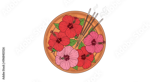 Vibrant hibiscus flowers in wooden bowl with incense sticks, colorful flat lay, bohemian still life, minimalist decorative arrangement, serene ambiance, artistic botanical display