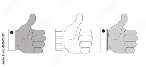 Diverse thumbs up hand gestures 2D line objects set. Social likes. Approval feedback. Multicultural fingers up isolated cliparts vector ink outline items. Monochrome spot illustrations collection