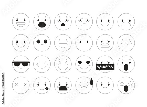 Y2k cute emoji faces 2D line objects set. Various emotions. Social media mood. Funky emoticons reactions isolated cliparts vector ink outline items. Monochrome spot illustrations collection