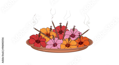 Vibrant colorful hibiscus flowers and incense sticks on a traditional wooden plate, artistic flat design, serene spiritual ambiance, ritual offering concept