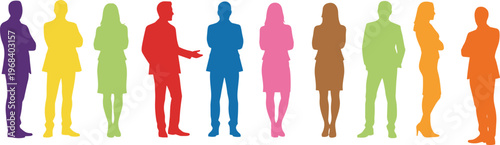 Diverse colorful silhouettes of business people standing in a row representing professional teamwork corporate community inclusion leadership and successful multicultural office workforce partnership