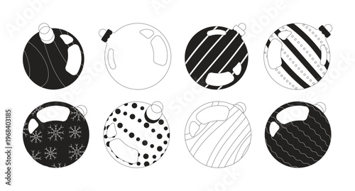 Christmas baubles ornaments 2D line objects set. Xmas decoration with various patterns. Winter holiday decor isolated cliparts vector ink outline items. Monochrome spot illustrations collection