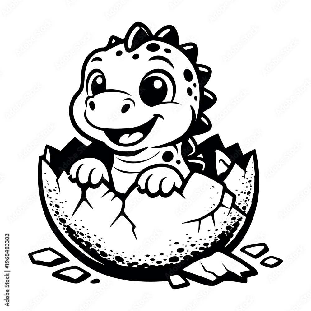 Fototapeta premium Baby dinosaur smiling, breaking out of a cracked eggshell. Cartoon black and white mascot for birth, new life, childhood themes