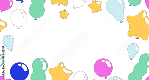 Balloons party decorative frame copy-space. Star baloons. Seamless flat design background with copyspace center. Border backdrop with space for text. Scattered pattern elements arranged around edges