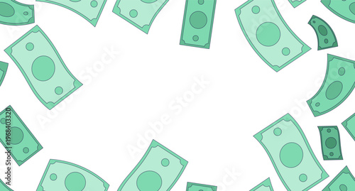 Paper money bills decorative frame copy-space. Banknotes. Seamless flat design background with copyspace center. Border backdrop with space for text. Scattered pattern elements arranged around edges