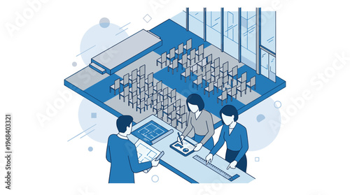 A team of professional event planners meticulously reviews architectural blueprints for a large conference hall layout in a clean, monochromatic blue isometric style.
