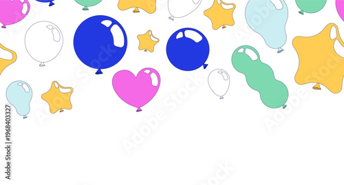Balloons party top frame illustration. Star baloons. Decorative upper border on white background. Web header with copy space. Seamless horizontal pattern. Page decoration. Vector divider separator