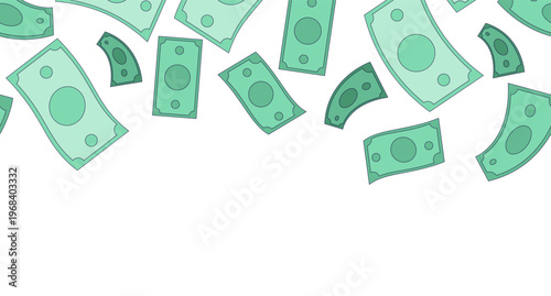 Paper money bills top frame illustration. Banknotes. Decorative upper border on white background. Web header with copy space. Seamless horizontal pattern. Page decoration. Vector divider separator