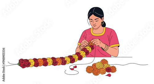 A young woman in a pink shirt with yellow trim crafting a long garland of colorful flowers and beads for a festive Indian celebration or wedding decoration
