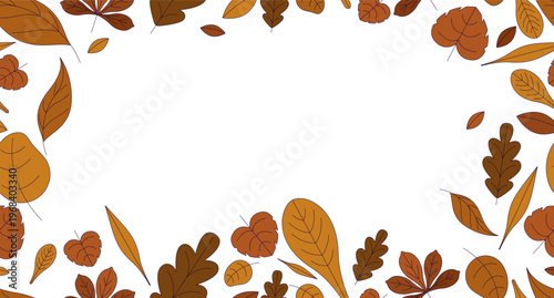 Autumn leaves decorative frame copy-space. Fall foliage. Seamless flat design background with copyspace center. Border backdrop with space for text. Scattered pattern elements arranged around edges