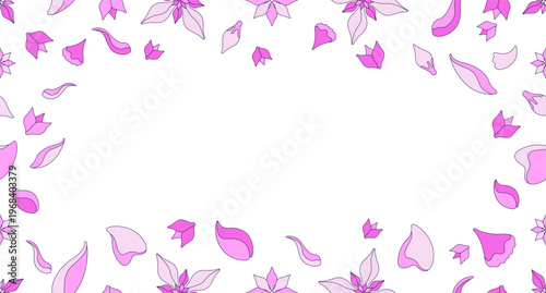 Floral petals decorative frame copy-space. Spring bloom. Seamless flat design background with copyspace center. Border backdrop with space for text. Scattered pattern elements arranged around edges