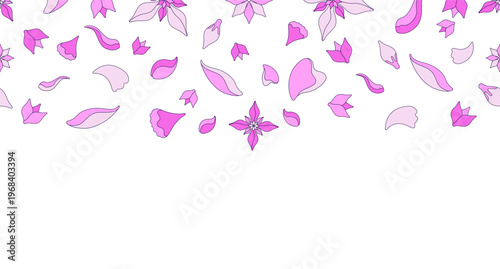 Floral petals top frame illustration. Spring bloom. Decorative upper border on white background. Web header with copy space. Seamless horizontal pattern. Page decoration. Vector divider separator