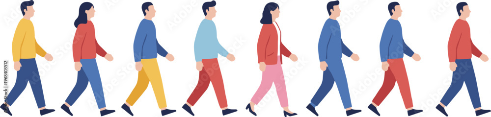 Fototapeta premium Diverse group of people in colorful casual clothing walking forward in a row representing progress movement community and modern urban lifestyle vector illustration