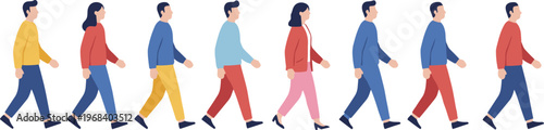 Diverse group of people in colorful casual clothing walking forward in a row representing progress movement community and modern urban lifestyle vector illustration
