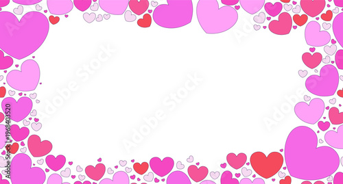 Love hearts decorative frame copy-space. Romance Valentine. Seamless flat design background with copyspace center. Border backdrop with space for text. Scattered pattern elements arranged around edges