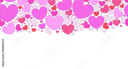 Love hearts top frame illustration. Romance Valentines. Decorative upper border on white background. Web header with copy space. Seamless horizontal pattern. Page decoration. Vector divider separator