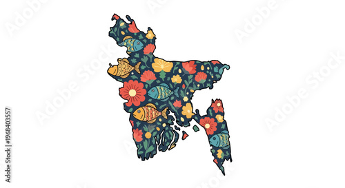 Vibrant floral pattern map of Bangladesh, colorful flowers and leaves, artistic decorative style, geography and nature concept, Asian country outline