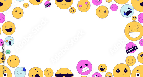 Cute emojis decorative frame copy-space. Various emoticons. Seamless flat design background with copyspace center. Border backdrop with space for text. Scattered pattern elements arranged around edges