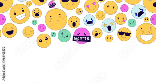 Cute emojis top frame illustration. Various emoticons. Decorative upper border on white background. Web header with copy space. Seamless horizontal pattern. Page decoration. Vector divider separator