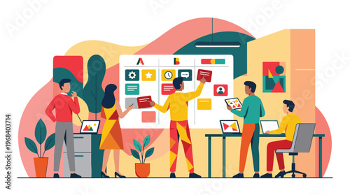 A vibrant and diverse creative team collaborates enthusiastically around a large kanban board, organizing tasks and brainstorming ideas in a modern office space.