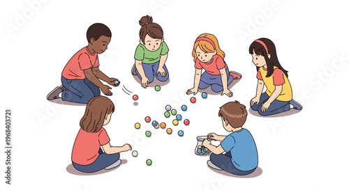 Diverse group of six children sitting in circle playing with colorful beads and string on white background in playful cartoon artistic style in classroom or educational setting.
