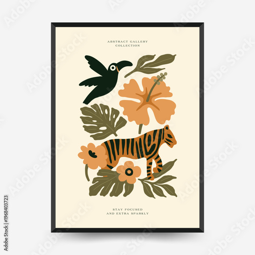 Tropical Bird and Flower Botanical Mid Century Poster