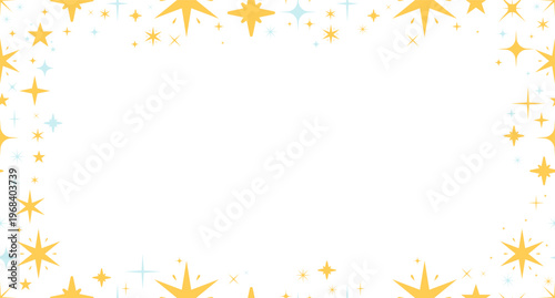 Stars sparkles decorative frame copy-space. Starbursts. Seamless flat design background with copyspace center. Border backdrop with space for text. Scattered pattern elements arranged around edges