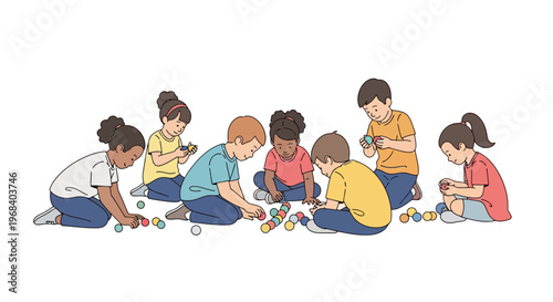 Diverse group of children sitting in a line building and playing with colorful blocks and toys in a classroom or playroom setting with a modern cartoon illustration style