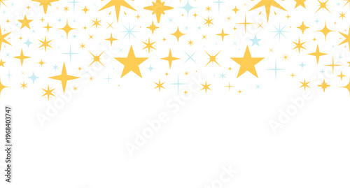 Stars sparkles top frame illustration. Starbursts. Decorative upper border on white background. Web header with copy space. Seamless horizontal pattern. Page decoration. Vector divider separator