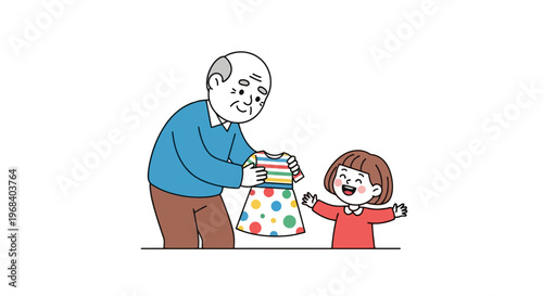 Smiling elderly man in blue sweater handing colorful gift bag to excited little girl with brown hair in red dress on white background, minimalist cartoon style, holiday or birthday scene