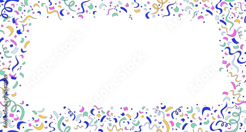 Confetti curling streamers decorative frame copy-space. Seamless flat design background with copyspace center. Border backdrop with space for text. Scattered pattern elements arranged around edges