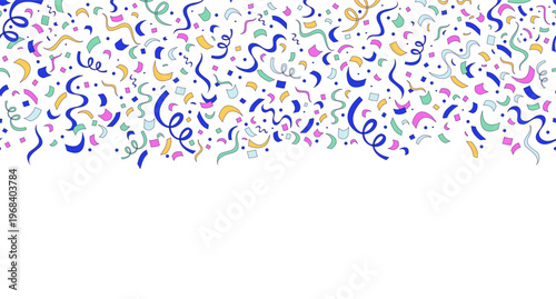 Confetti curling streamers top frame illustration. Decorative upper border on white background. Web header with copy space. Seamless horizontal pattern. Page decoration. Vector divider separator