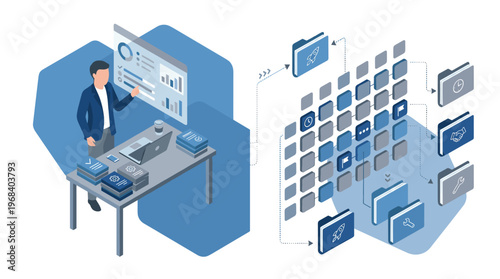 A professional businessman in a modern office meticulously analyzes complex data on a futuristic holographic screen connected to a vast network of organized information blocks.