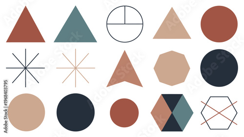 Minimalist geometric shapes including triangles circles and stars in various colors