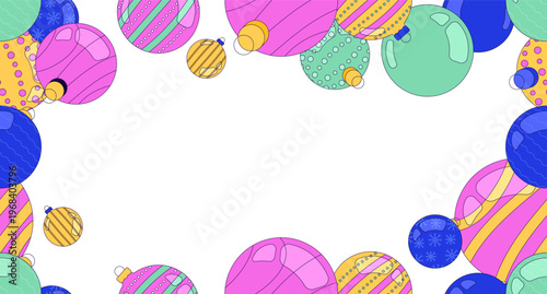 Christmas ornaments decorative frame copy-space. Baubles. Seamless flat design background with copyspace center. Border backdrop with space for text. Scattered pattern elements arranged around edges