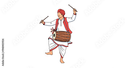 Traditional Indian dancer performing Dandiya Raas with drum and sticks in colorful attire, folk dance style, vibrant costume, cultural festival celebration april, fool, april fool