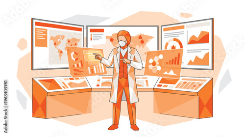 A dedicated scientist in a sterile laboratory environment meticulously interacts with multiple futuristic holographic touch screens displaying complex data charts and global maps.