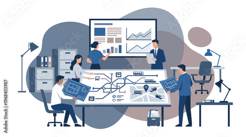 A collaborative team of diverse business professionals meticulously analyzes a large city transit map and complex data charts in a modern, well-lit office setting.