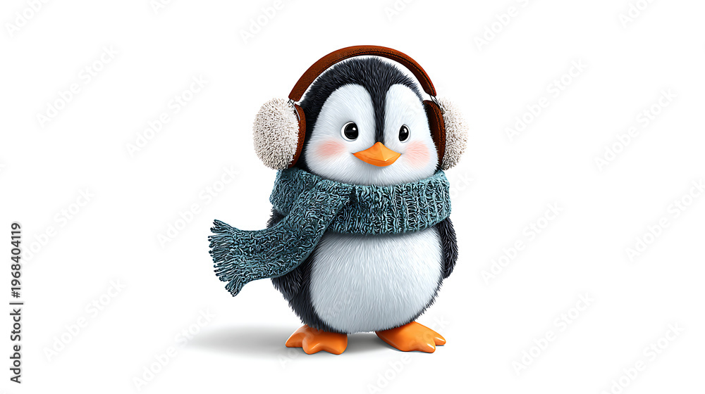 Fototapeta premium Stylized cartoon penguin with oversized headphones and scarf, grooving to music, isolated